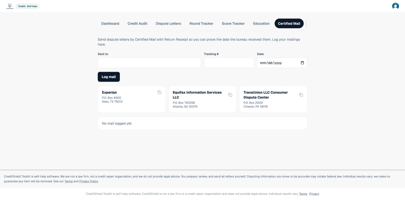 The Certified Mail tab with bureau mailing addresses and a log of your mailings