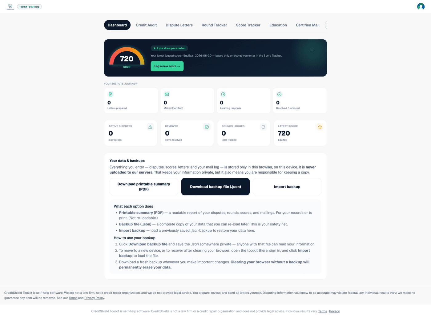 CreditShield Toolkit dashboard — your latest credit score, dispute journey, and key stats
