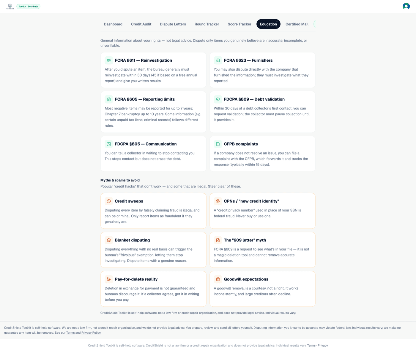 The Education tab — your rights under the FCRA and FDCPA, plus scams to avoid