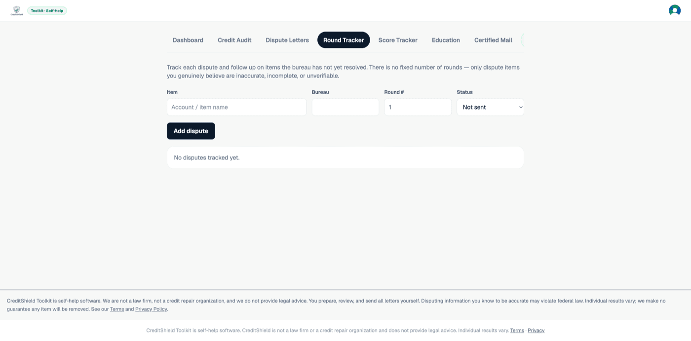 The Round Tracker showing a dispute with a 30-day response-deadline countdown